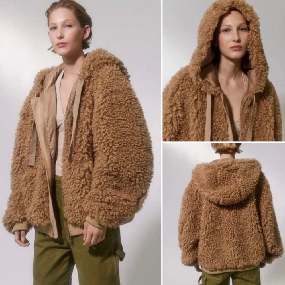 NWT Urban Outfitters UO Sherpa Hooded Zip Up Jacket Teddy Faux Fur Shaggy Coat